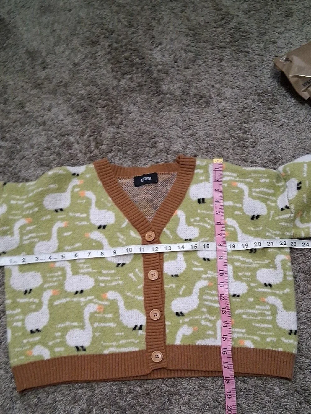 Cider Light Green Swan-Print V-Neck Cropped Cardigan with Brown Ribbed Trim - S